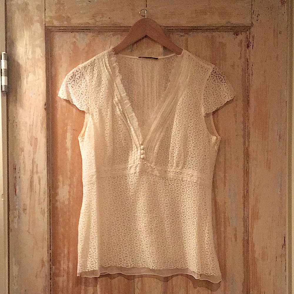 ELIE TAHARI Cotton Lace & Silk Crinkle Top